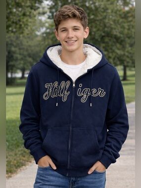 Tommy Hilfiger Men’s Sherpa Lined Zip Hoodie Navy Full Zip Jacket Size Large